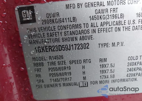 2009 GMC Acadia Slt-1 from USA, damaged, VIN 1GKER23D59J172302